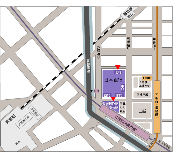 日本銀行本店の周辺地図。最寄駅等の詳細は本文のとおり。