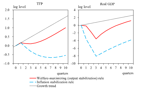 Left: TFP. Right: real GDP. Both graphs show the growth trends, simulation results of welfare-maximizing (output stabilization) rule and that of inflation stabilization rule. In both cases, the welfare-maximizing (output stabilization) rule is above the inflation stabilization rule. The details are shown in the main text.